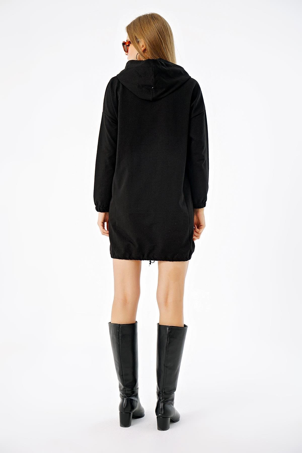 Be Happy Baskılı Eteği Büzgülü Kapüşonlu Oversize Sweat Elbise