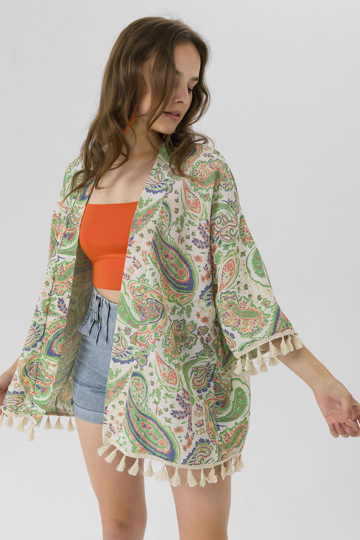 Kadın Altı Püskül Detaylı Desenli Kimono Hırka 230011 -