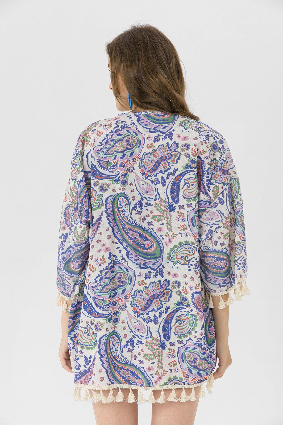 Kadın Altı Püskül Detaylı Desenli Kimono Hırka 230011 -