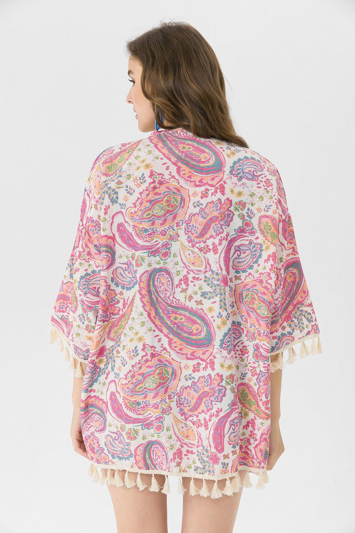Kadın Altı Püskül Detaylı Desenli Kimono Hırka 230011 -