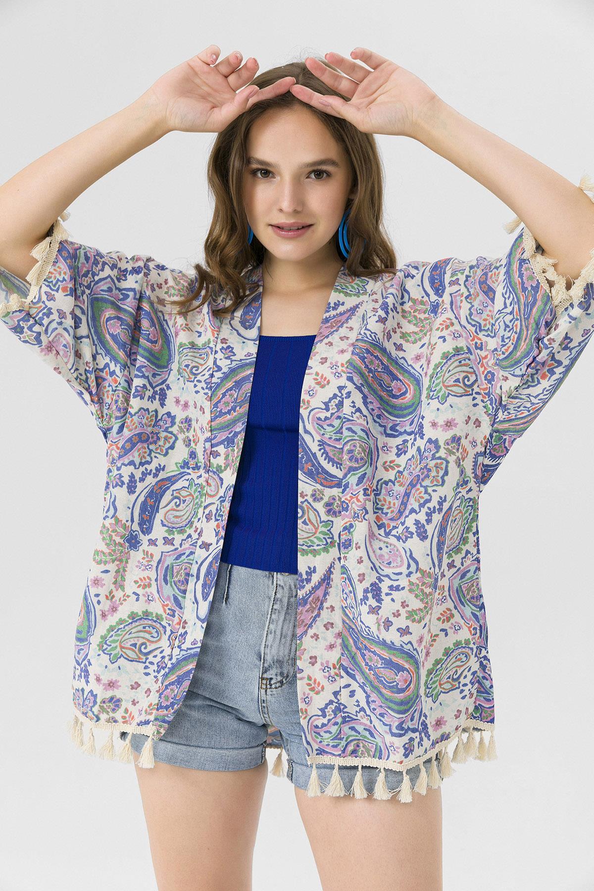 Kadın Altı Püskül Detaylı Desenli Kimono Hırka 230011 -