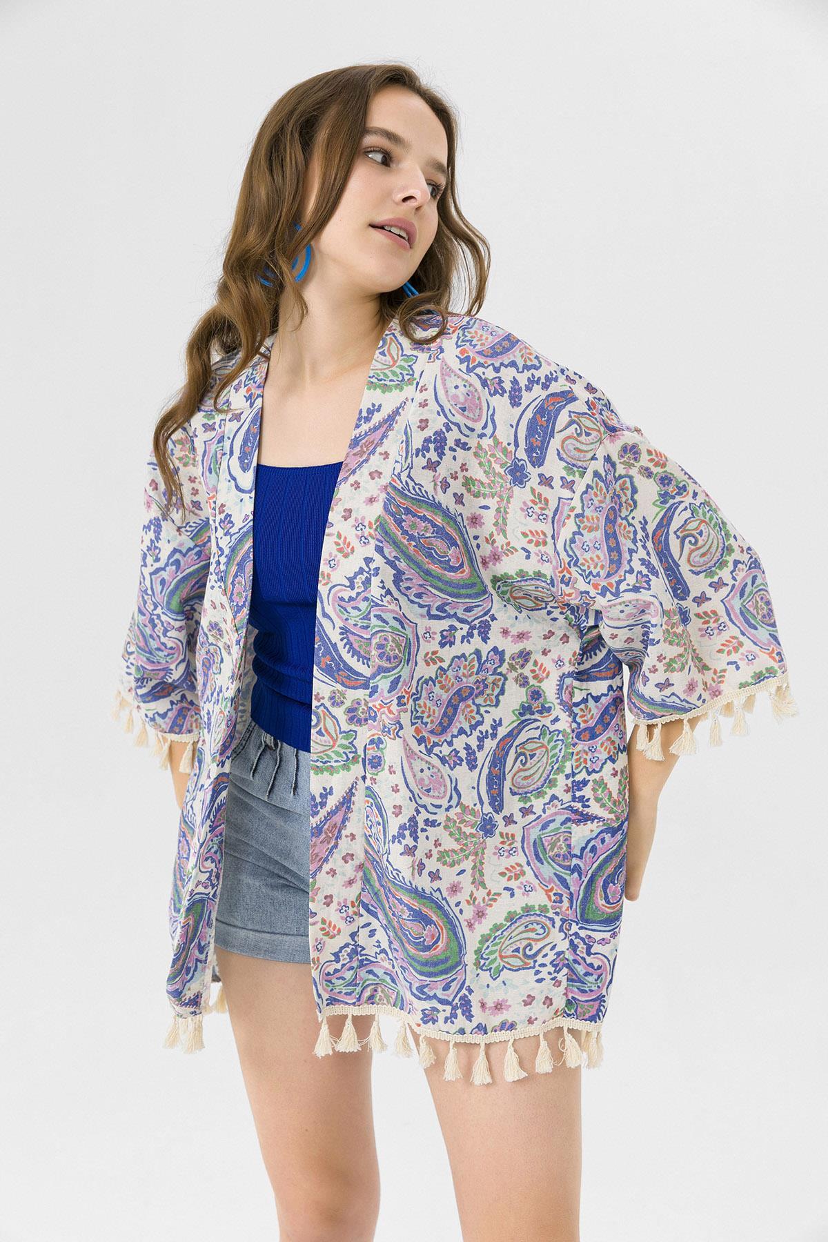 Kadın Altı Püskül Detaylı Desenli Kimono Hırka 230011 -