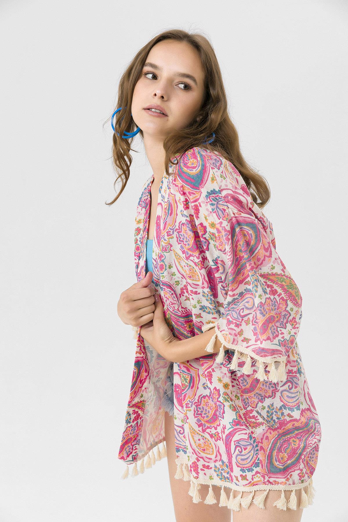 Kadın Altı Püskül Detaylı Desenli Kimono Hırka 230011 -