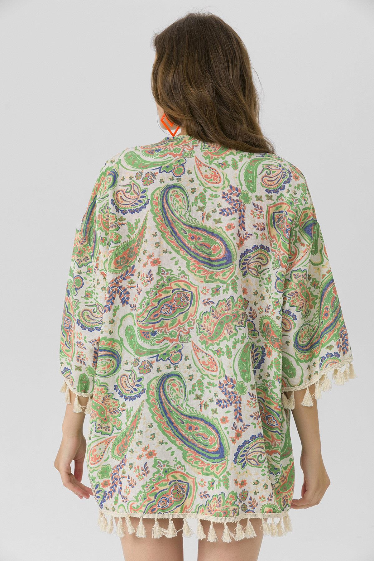 Kadın Altı Püskül Detaylı Desenli Kimono Hırka 230011 -
