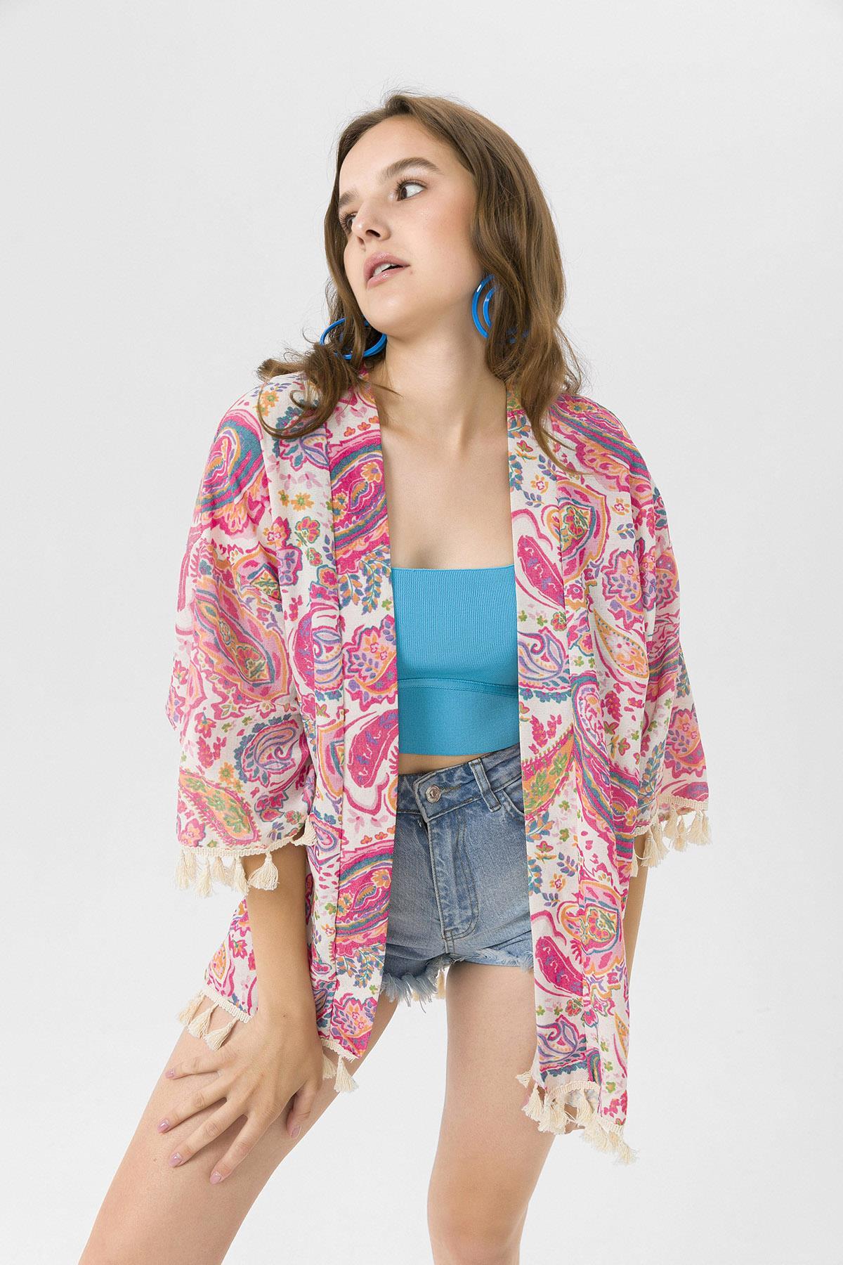 Kadın Altı Püskül Detaylı Desenli Kimono Hırka 230011 -