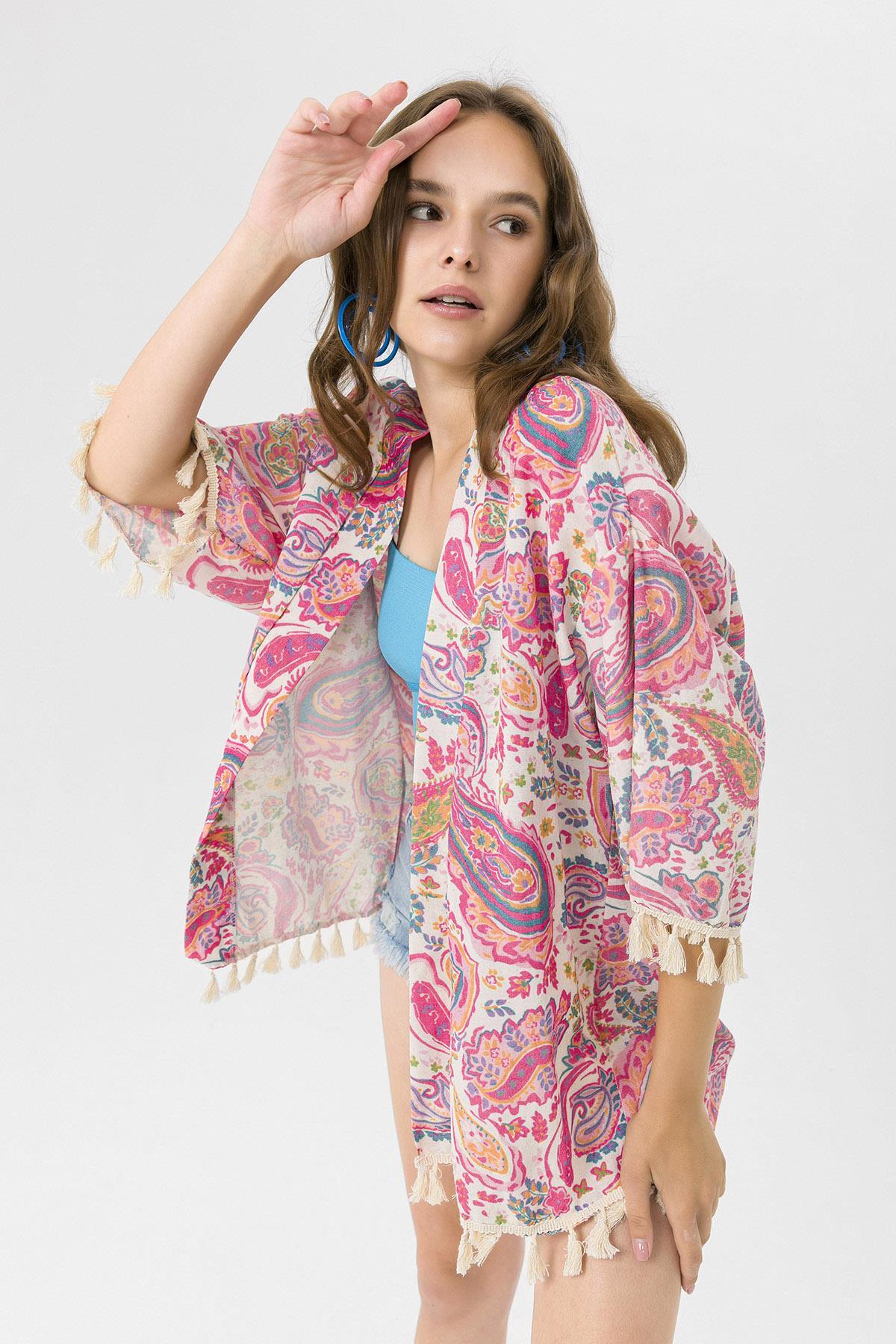 Kadın Altı Püskül Detaylı Desenli Kimono Hırka 230011 -