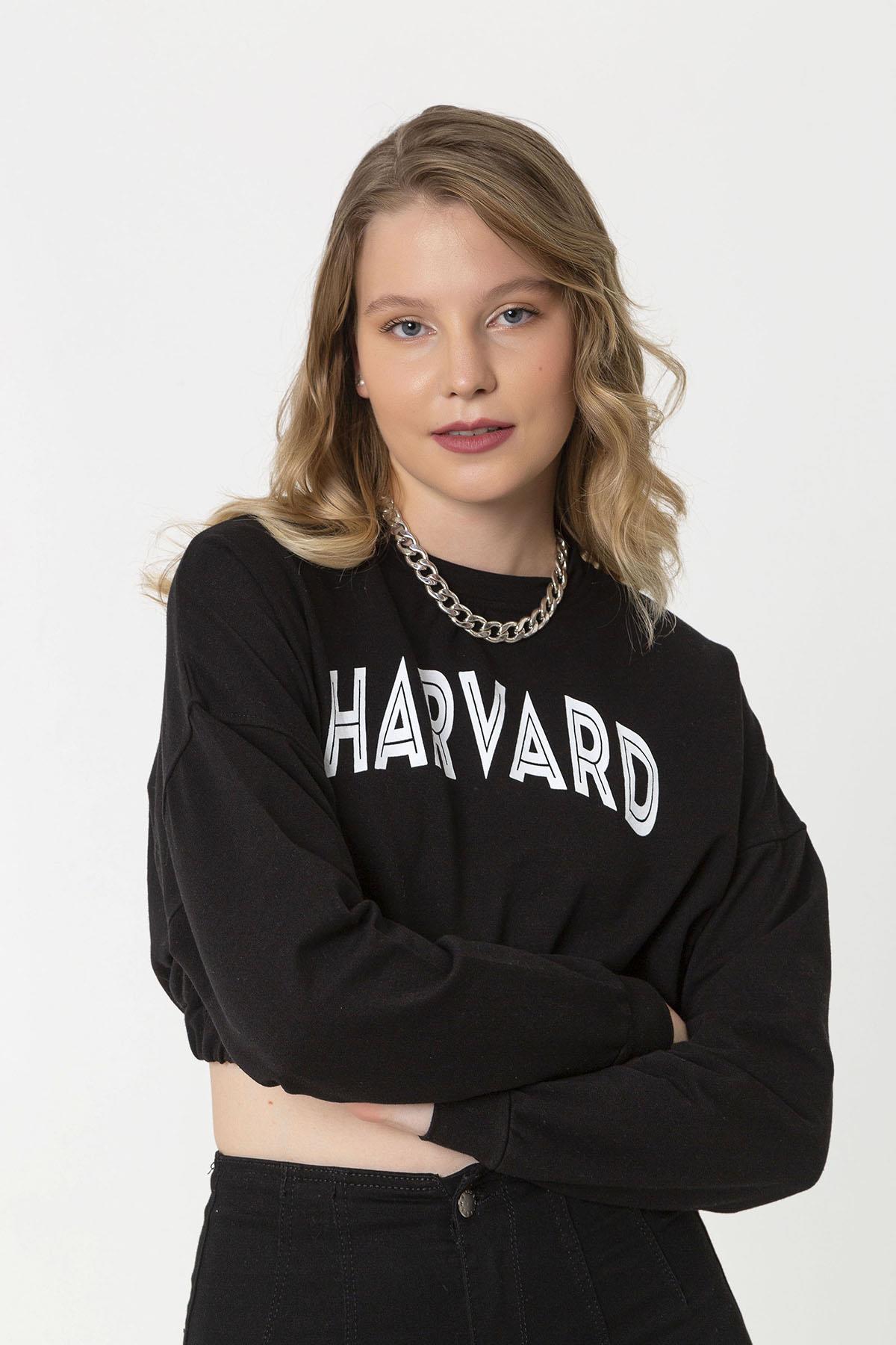 Kadın Baskılı Altı Lastikli Kısa Sweatshirt