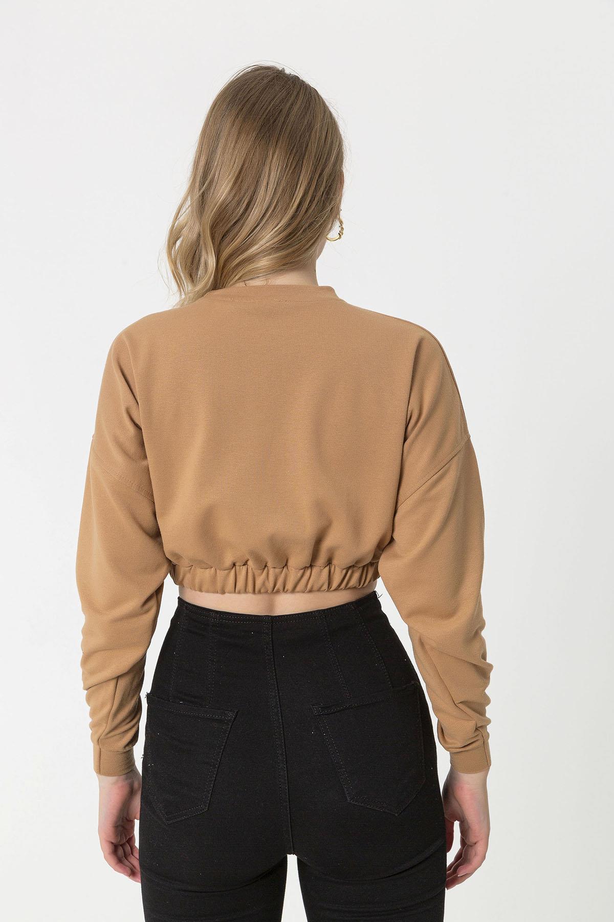 Kadın Baskılı Altı Lastikli Kısa Sweatshirt
