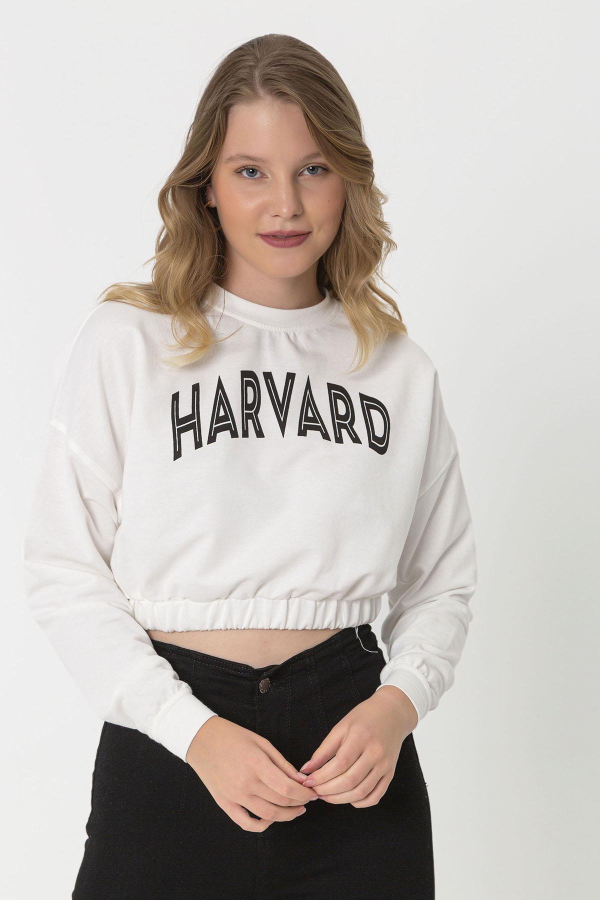 Kadın Baskılı Altı Lastikli Kısa Sweatshirt