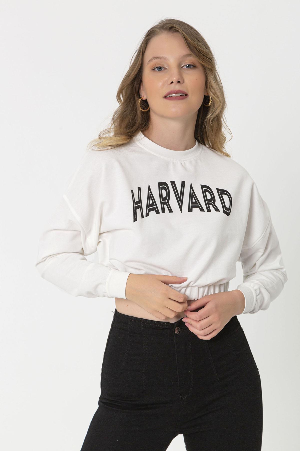Kadın Baskılı Altı Lastikli Kısa Sweatshirt