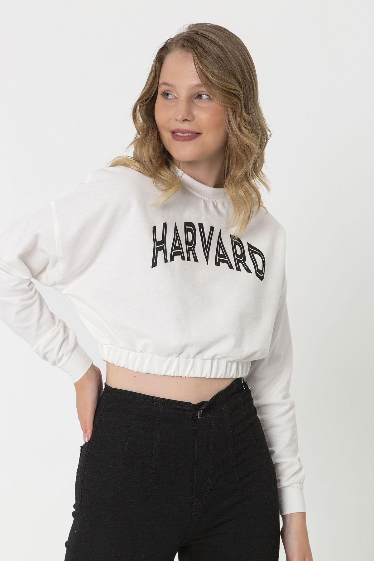 Kadın Baskılı Altı Lastikli Kısa Sweatshirt