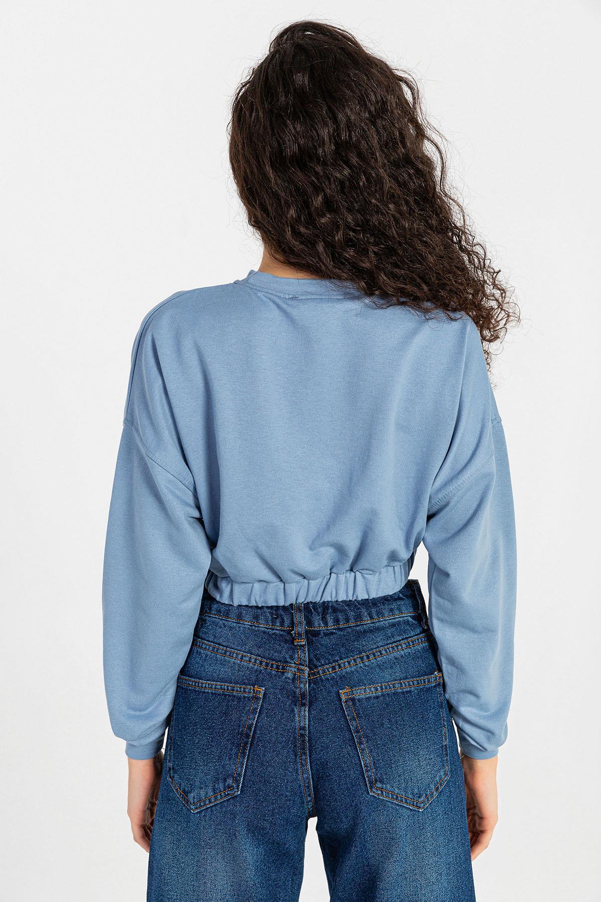 Kadın Baskılı Altı Lastikli Kısa Sweatshirt