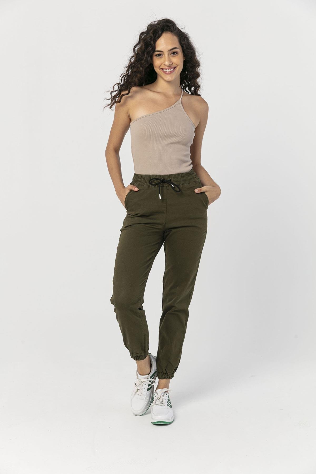 Kadın Beli Paçası Lastikli Gabardin Pantolon