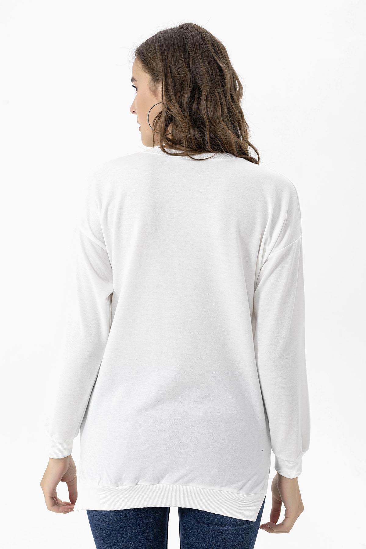 Kadın Bisiklet Yaka Yırtmaç Detaylı Sweatshirt 235119 -