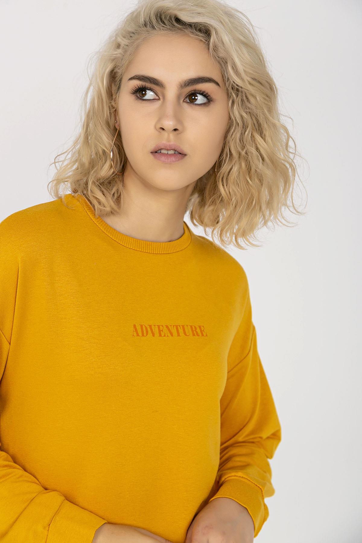 Kadın Cep Detaylı Bisiklet Yaka Yırtmaçlı Uzun Sweatshirt
