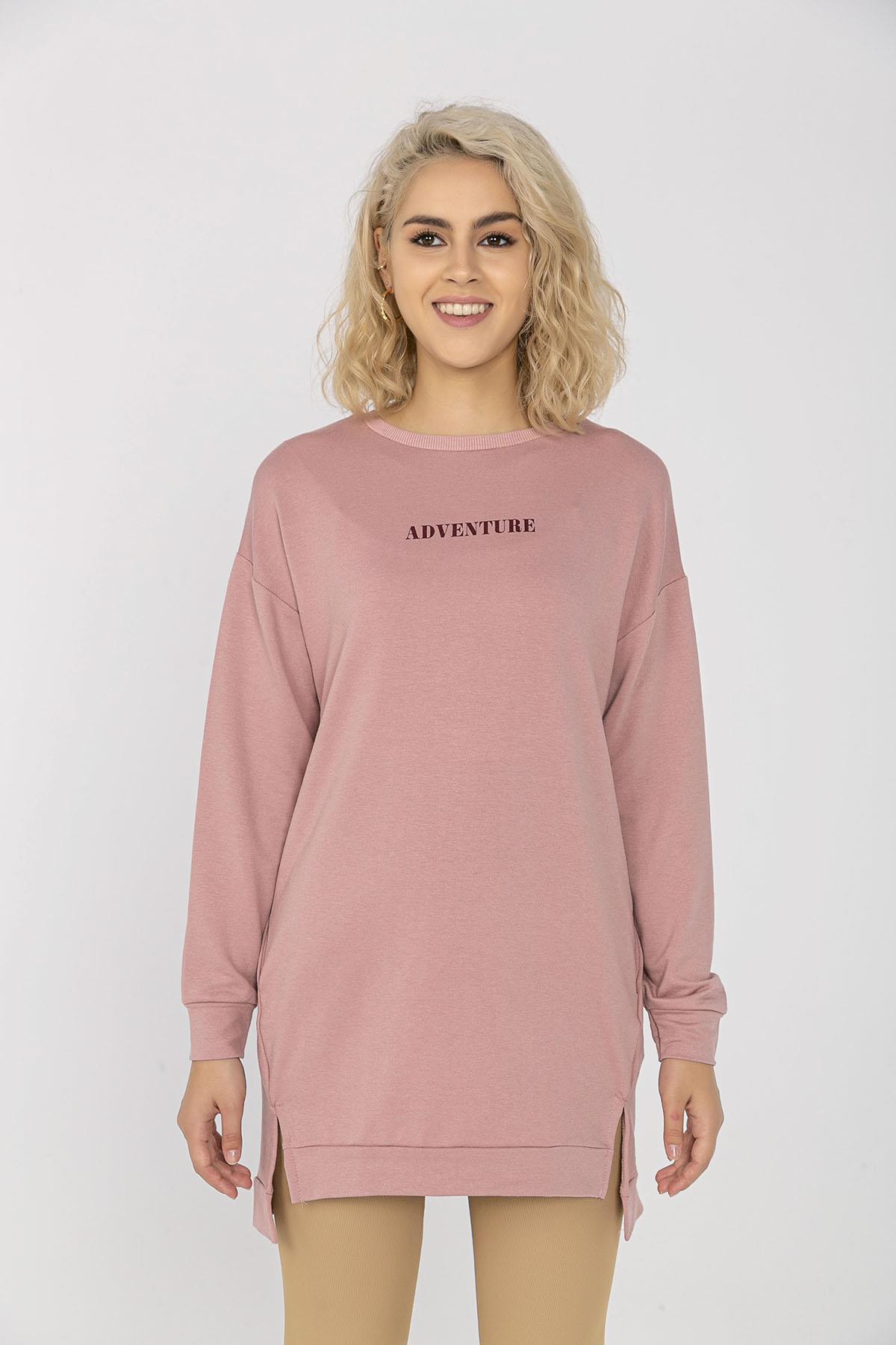 Kadın Cep Detaylı Bisiklet Yaka Yırtmaçlı Uzun Sweatshirt