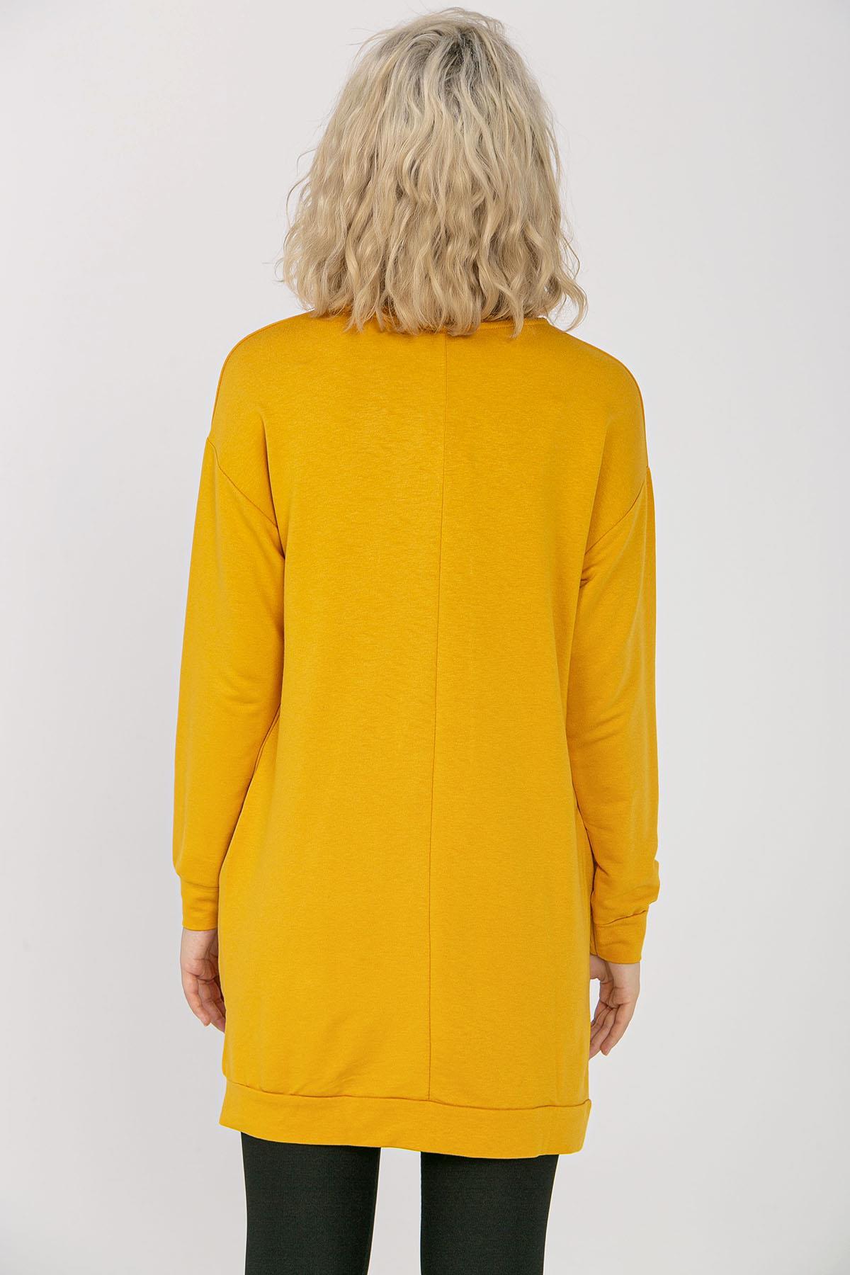 Kadın Cep Detaylı Bisiklet Yaka Yırtmaçlı Uzun Sweatshirt