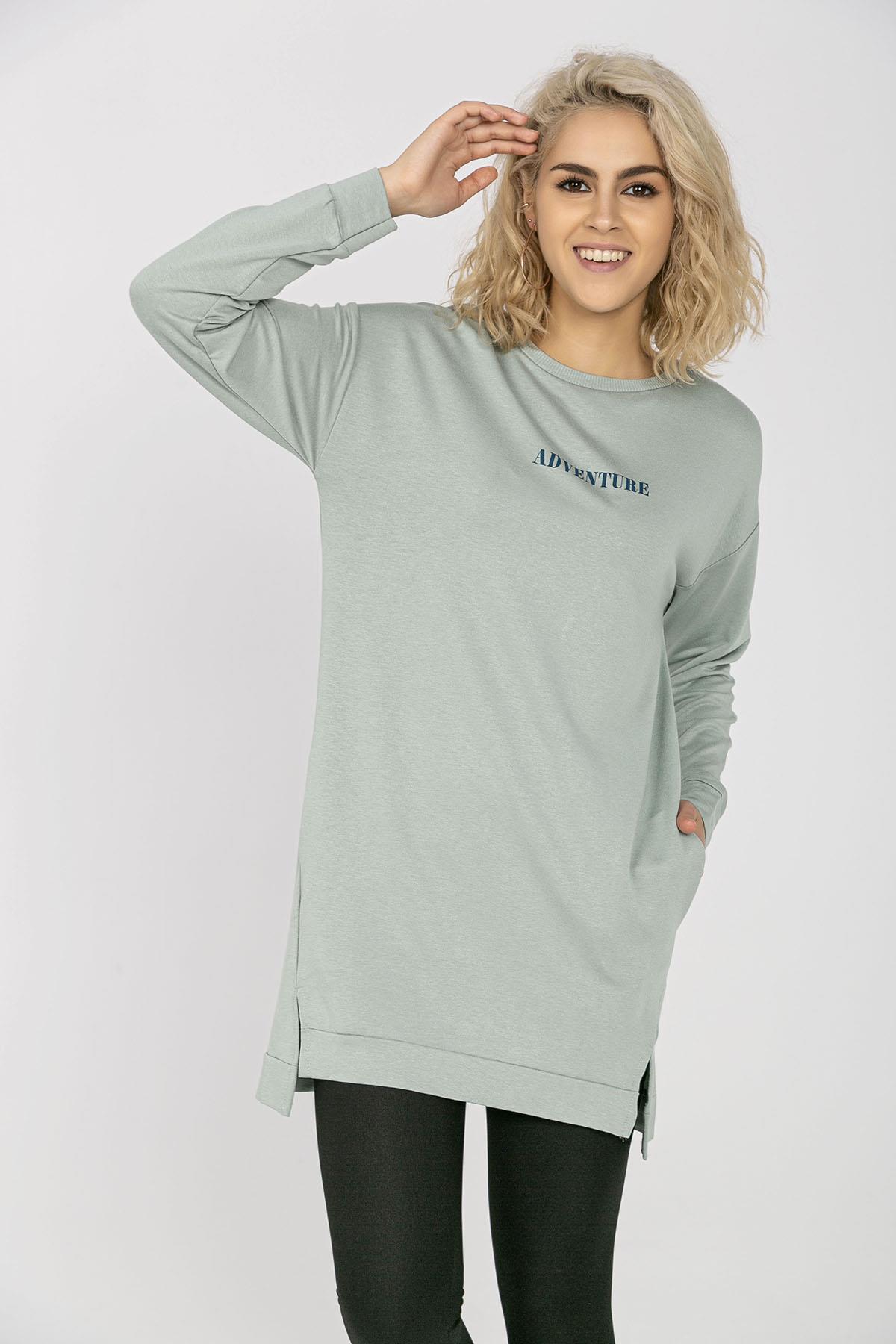 Kadın Cep Detaylı Bisiklet Yaka Yırtmaçlı Uzun Sweatshirt