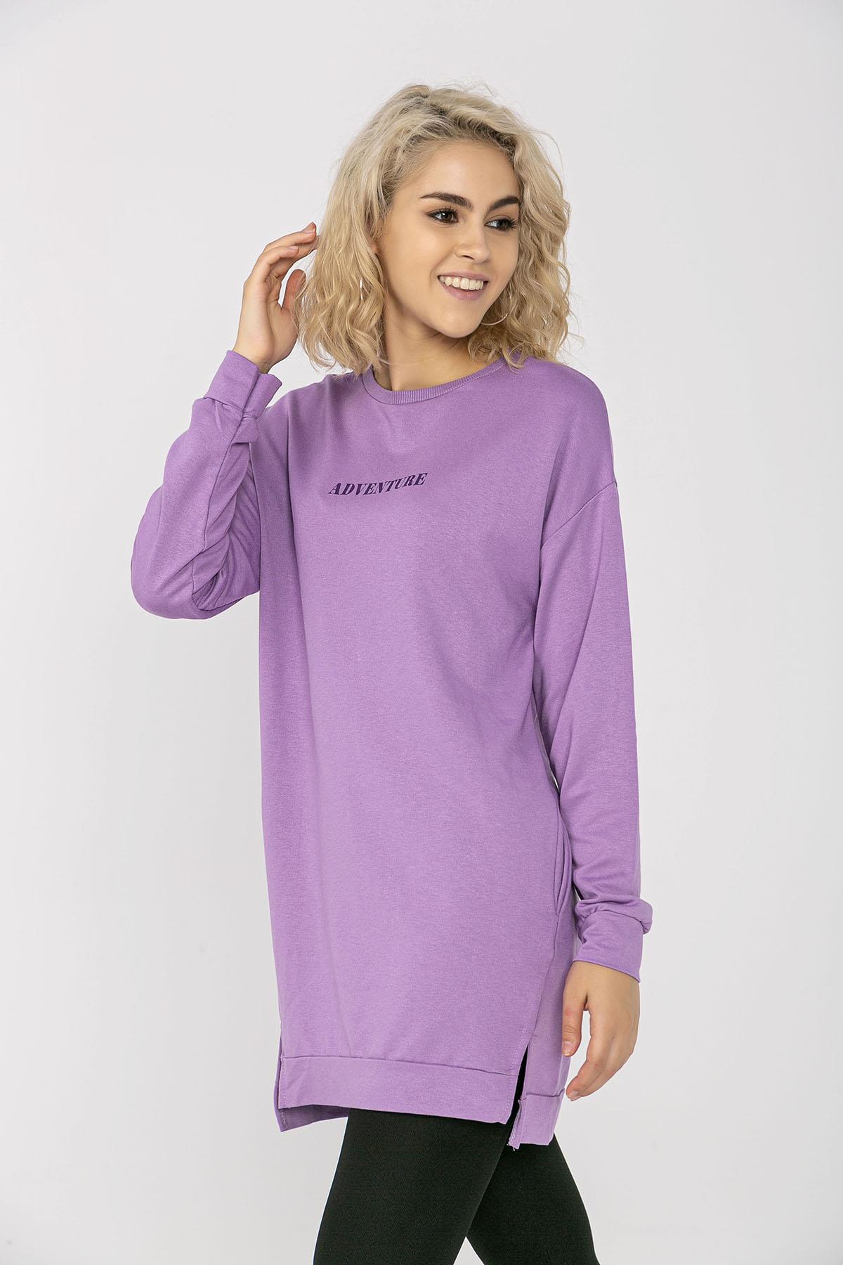 Kadın Cep Detaylı Bisiklet Yaka Yırtmaçlı Uzun Sweatshirt