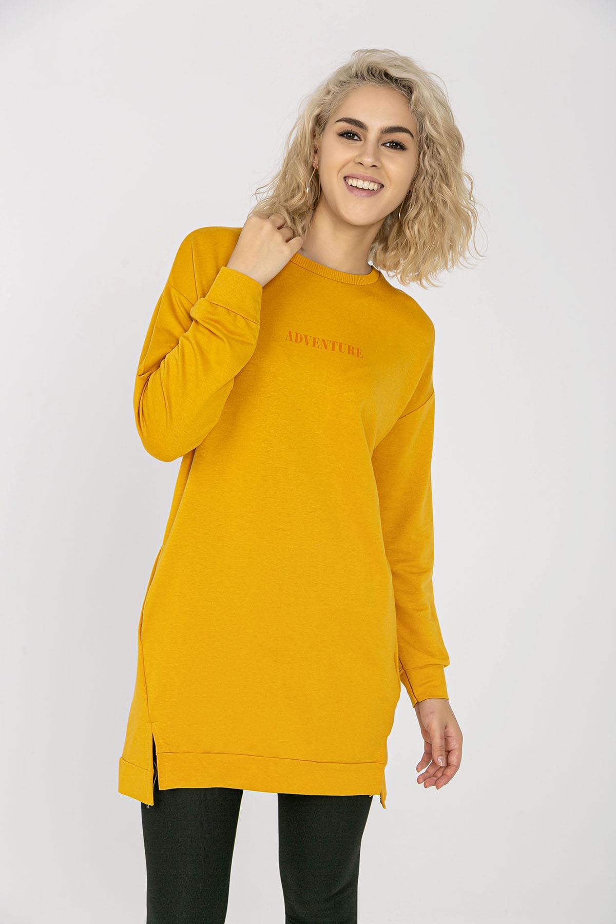 Kadın Cep Detaylı Bisiklet Yaka Yırtmaçlı Uzun Sweatshirt