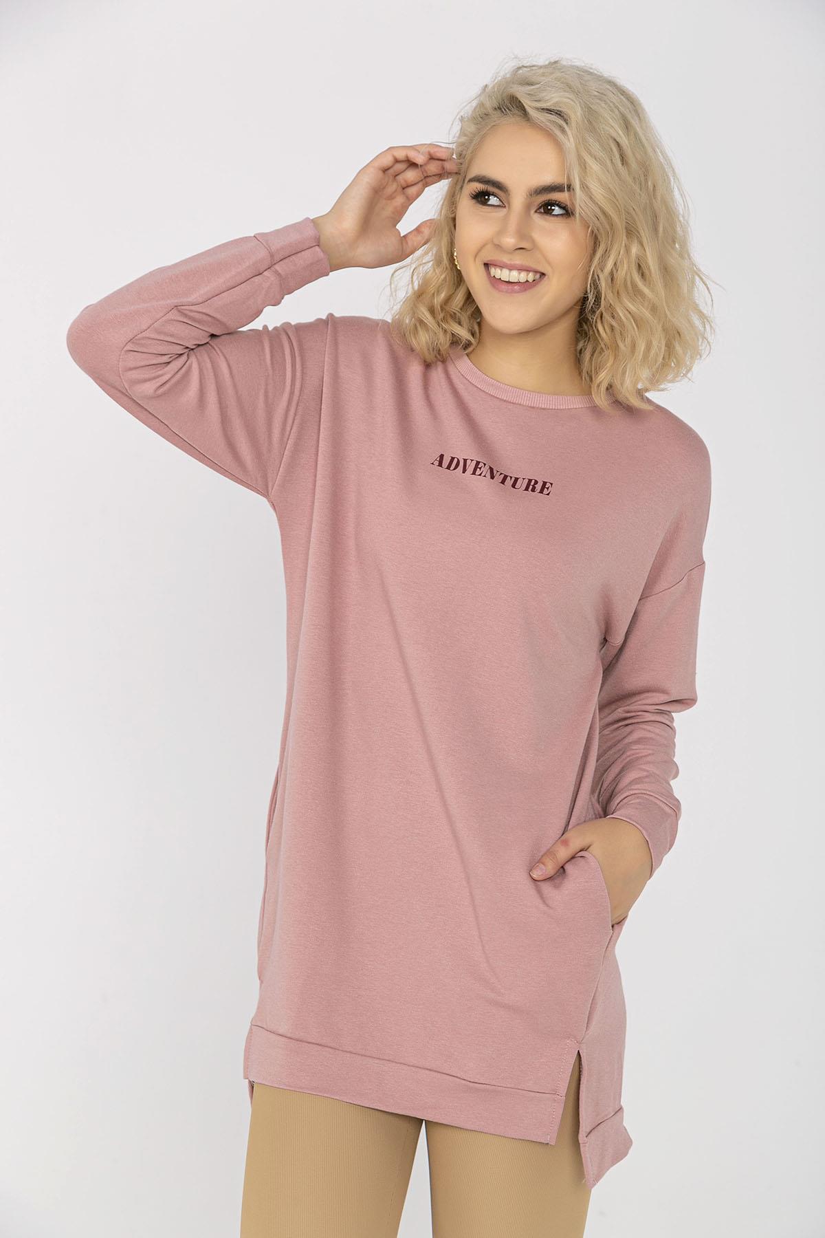 Kadın Cep Detaylı Bisiklet Yaka Yırtmaçlı Uzun Sweatshirt