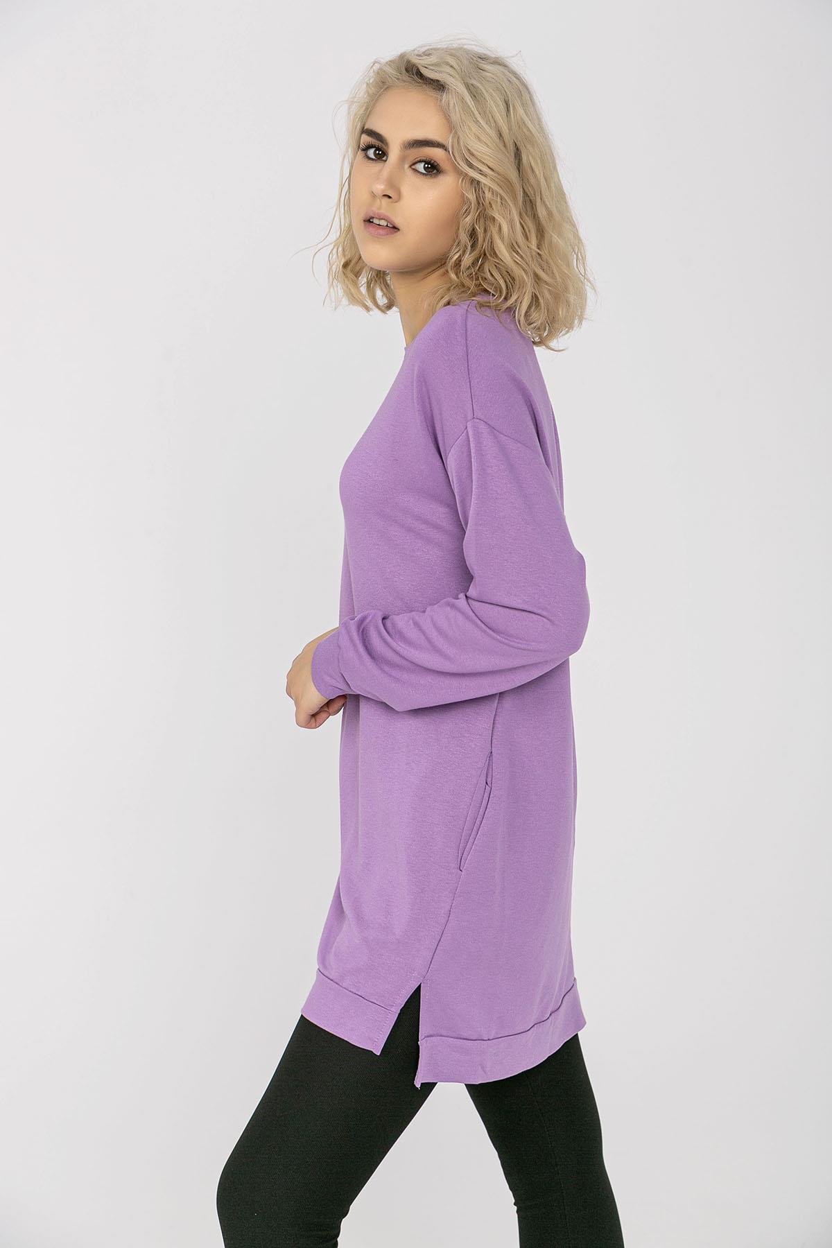 Kadın Cep Detaylı Bisiklet Yaka Yırtmaçlı Uzun Sweatshirt