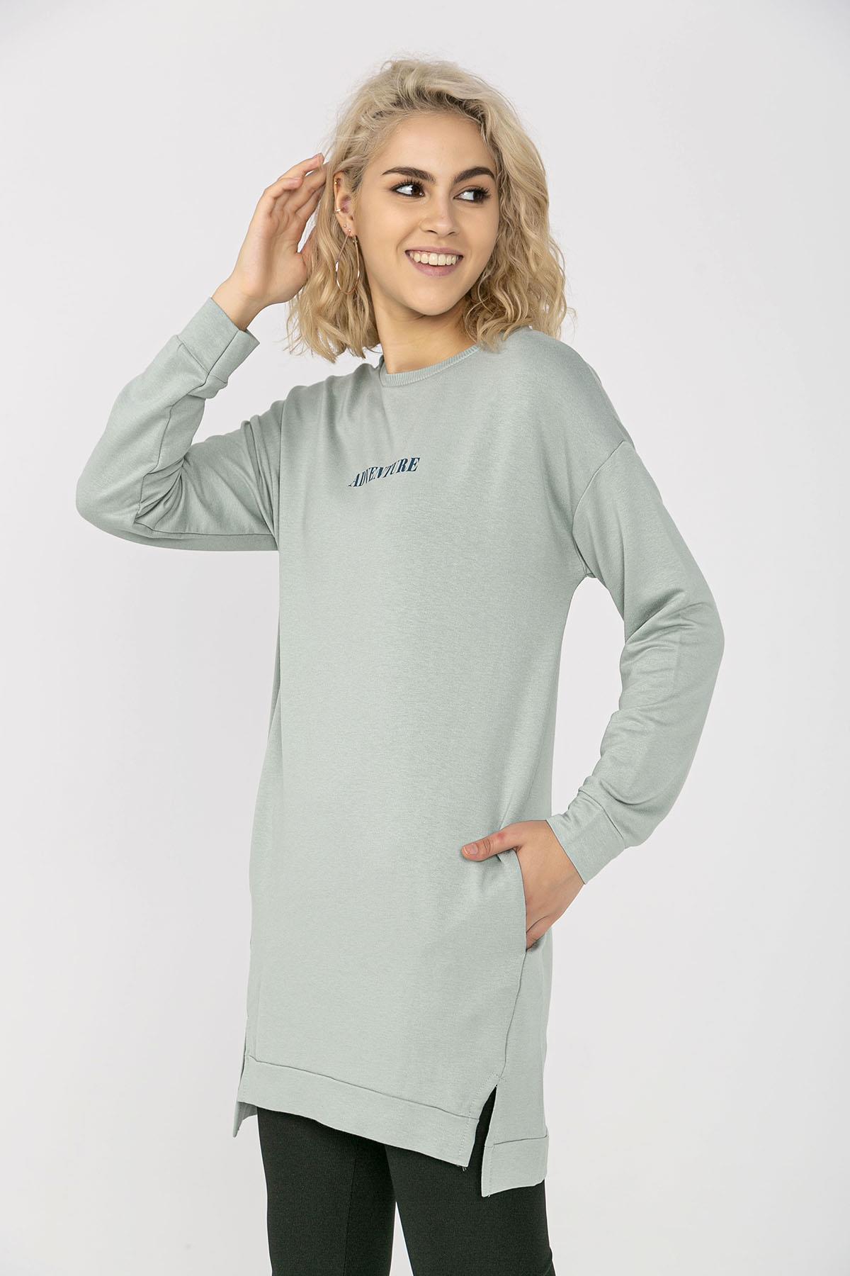 Kadın Cep Detaylı Bisiklet Yaka Yırtmaçlı Uzun Sweatshirt