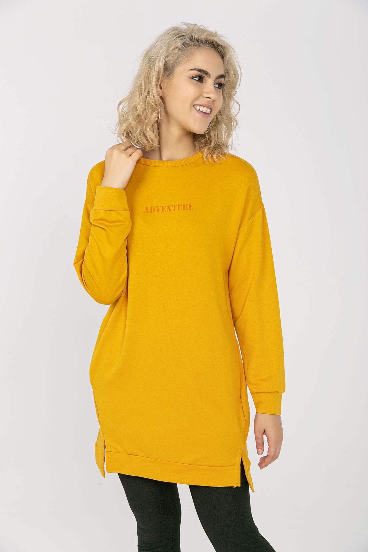 Kadın Cep Detaylı Bisiklet Yaka Yırtmaçlı Uzun Sweatshirt