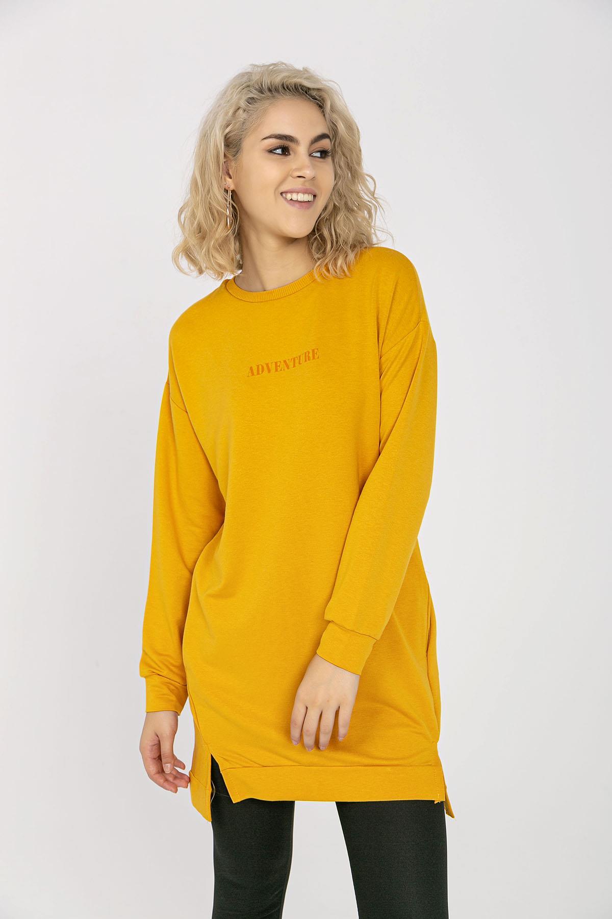 Kadın Cep Detaylı Bisiklet Yaka Yırtmaçlı Uzun Sweatshirt
