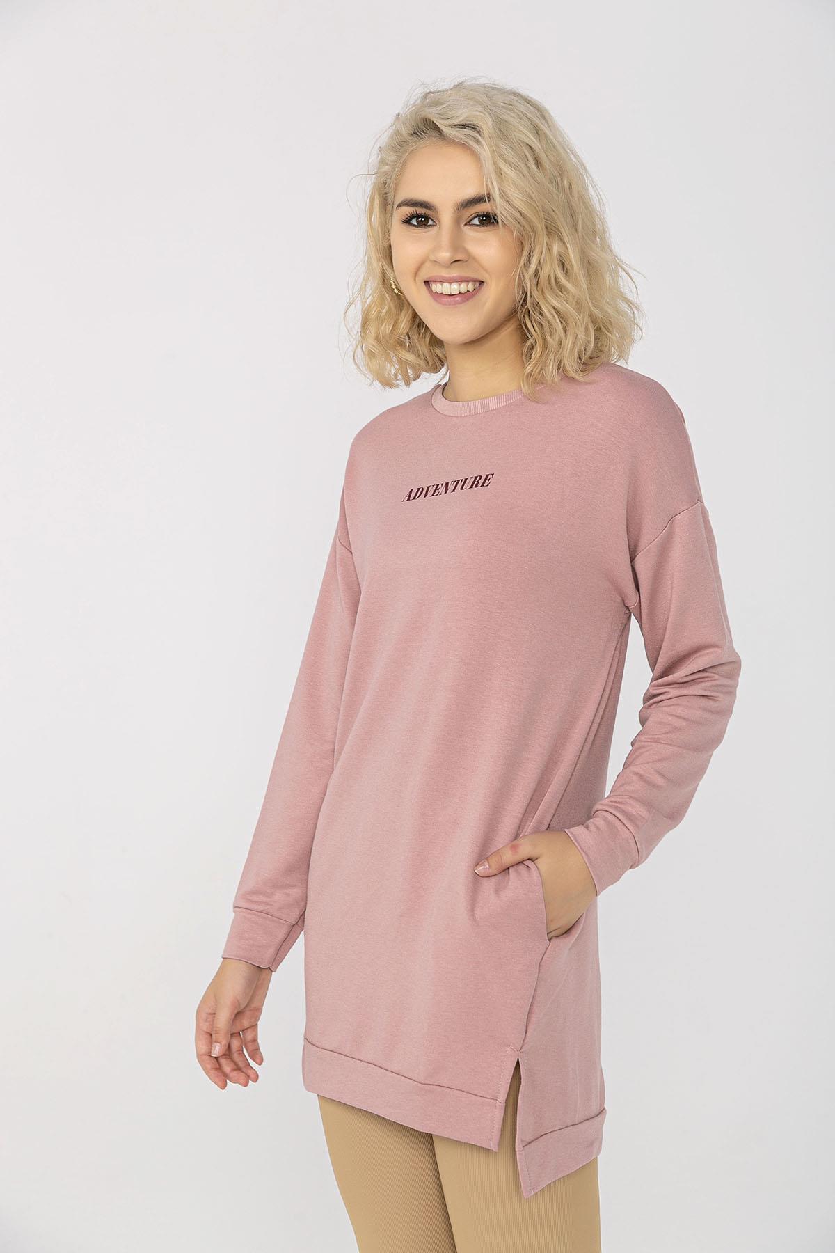 Kadın Cep Detaylı Bisiklet Yaka Yırtmaçlı Uzun Sweatshirt