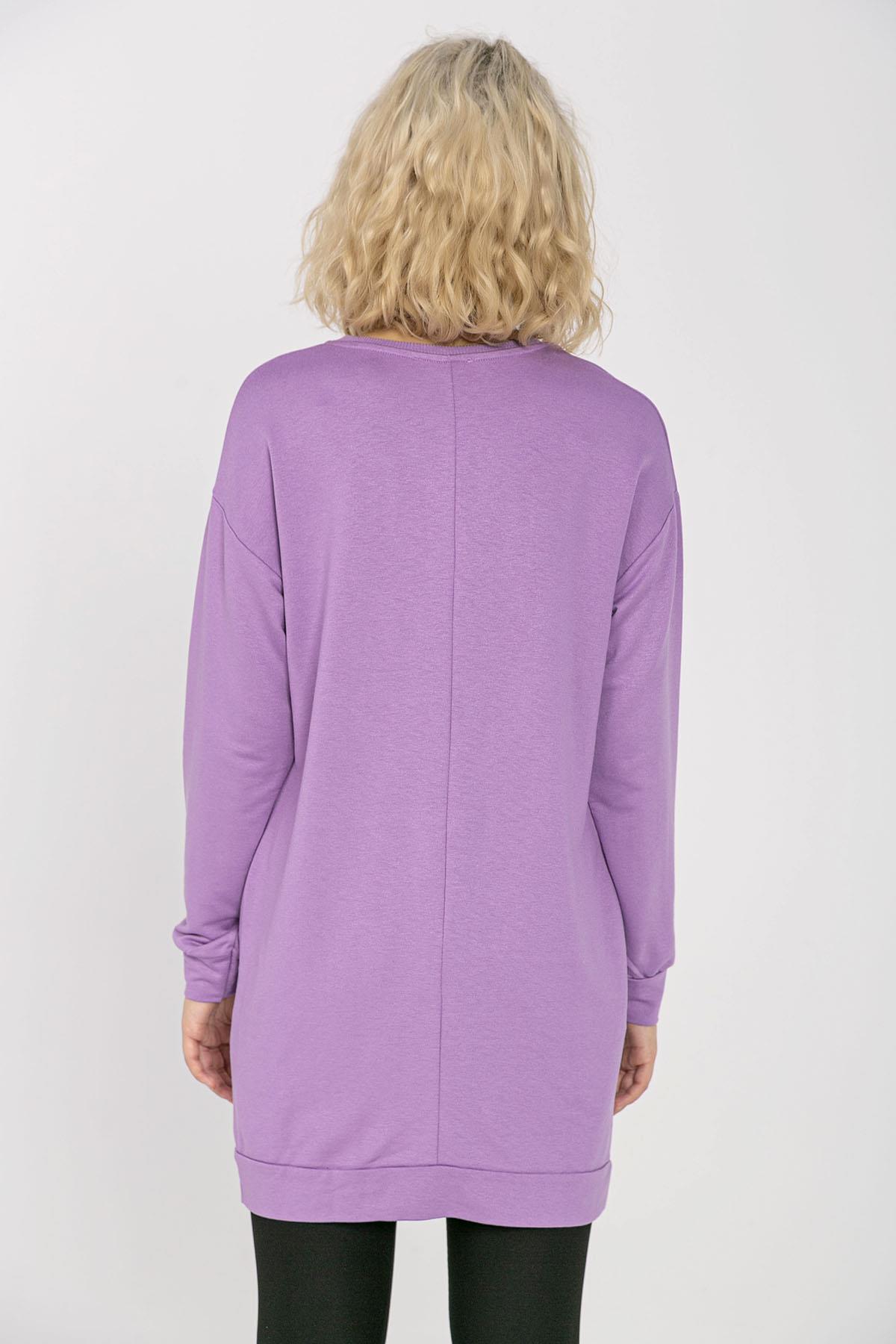 Kadın Cep Detaylı Bisiklet Yaka Yırtmaçlı Uzun Sweatshirt