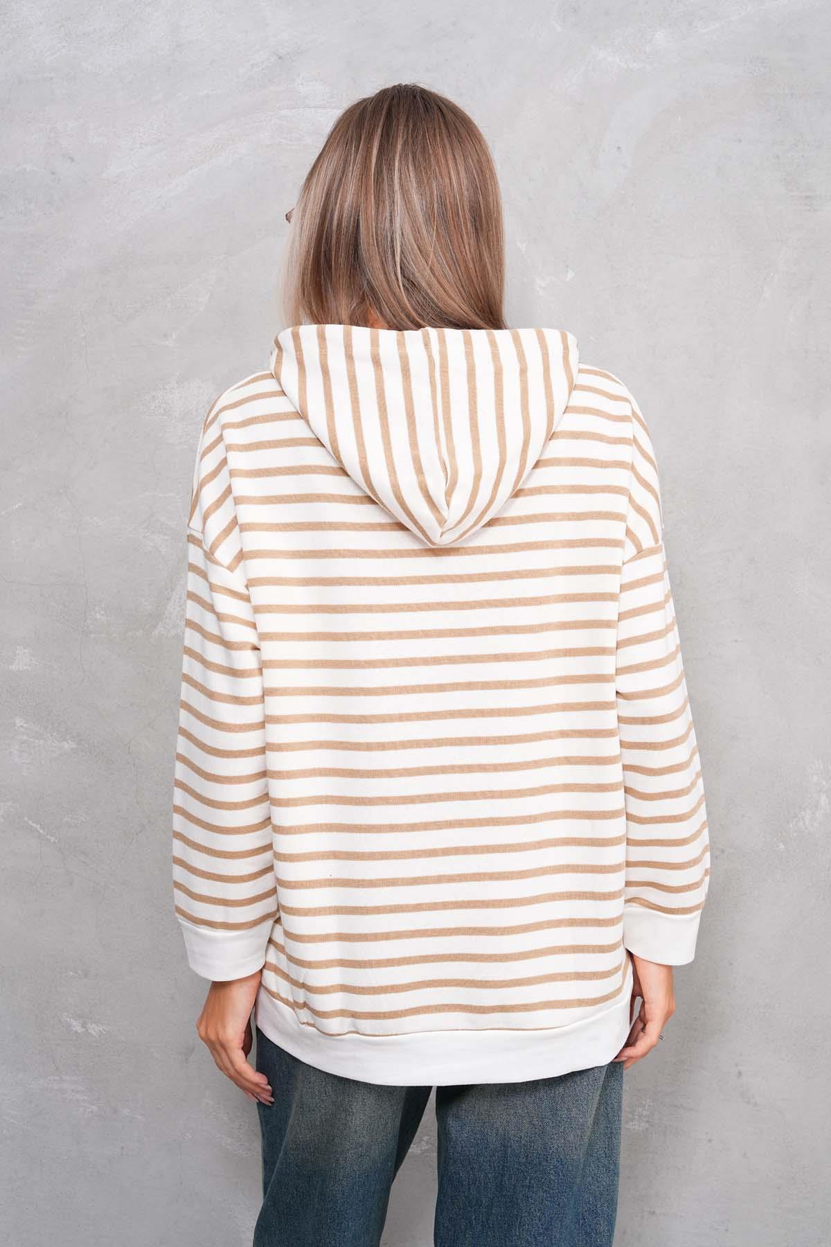Kadın Çizgi Desenli Kanguru Cepli Kapüşonlu İki İplik Oversize Sweatshirt 245124 -