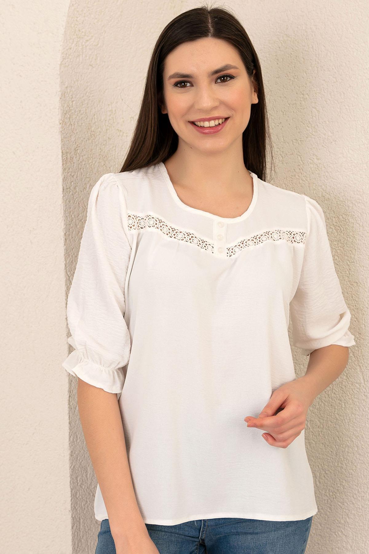 Kadın Dantel Şerit Detaylı Bluz