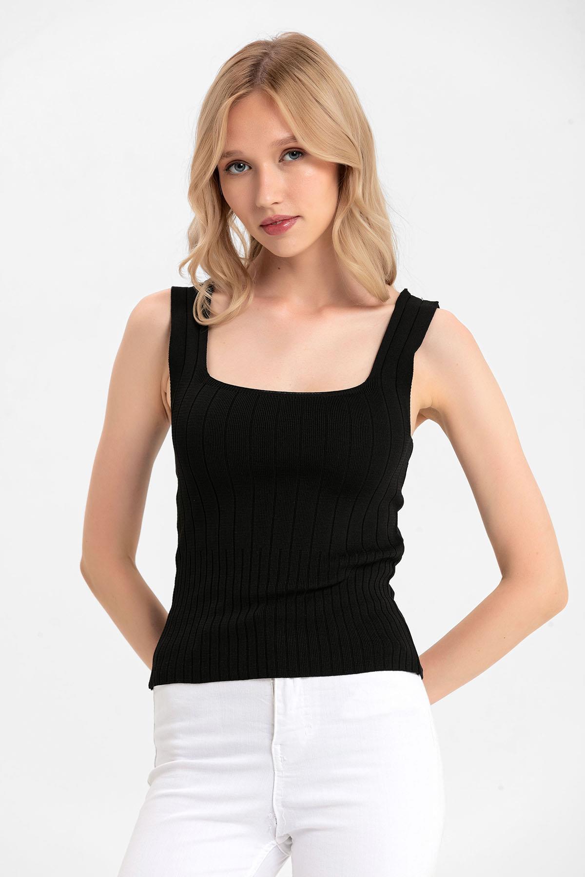 Kadın Kaşkorse İnce Örme Triko Crop Bluz