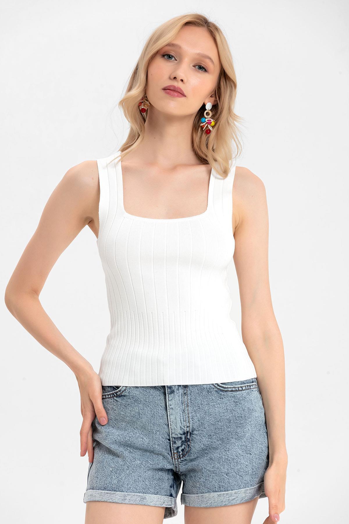 Kadın Kaşkorse İnce Örme Triko Crop Bluz