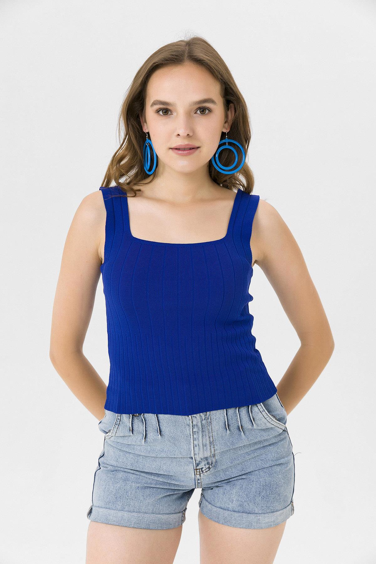 Kadın Kaşkorse İnce Örme Triko Crop Bluz