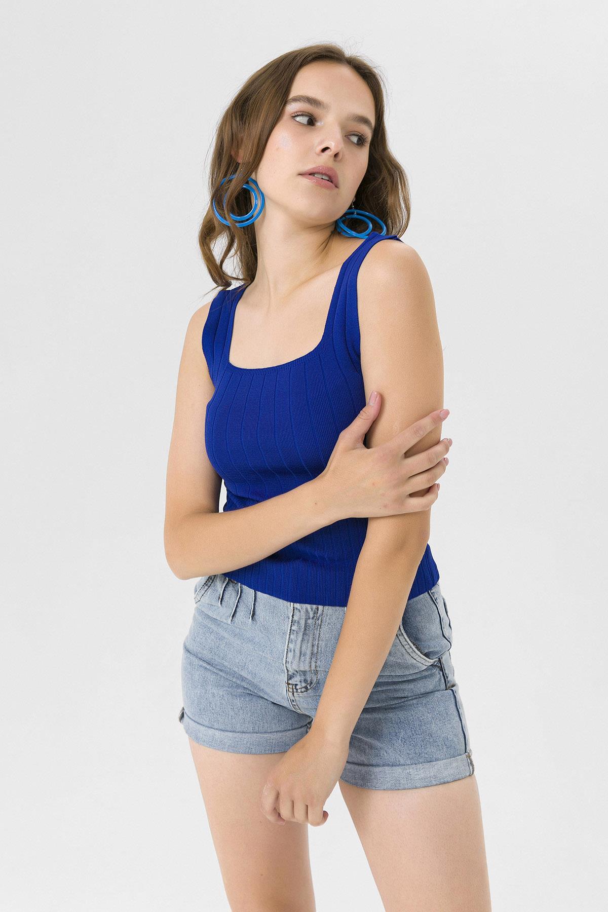 Kadın Kaşkorse İnce Örme Triko Crop Bluz