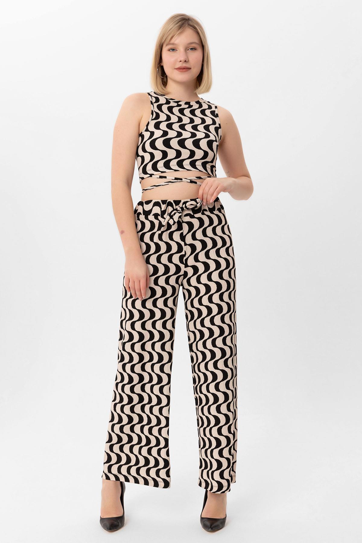 Kadın Kurdele Desen Crop Pantolon İkili Takım