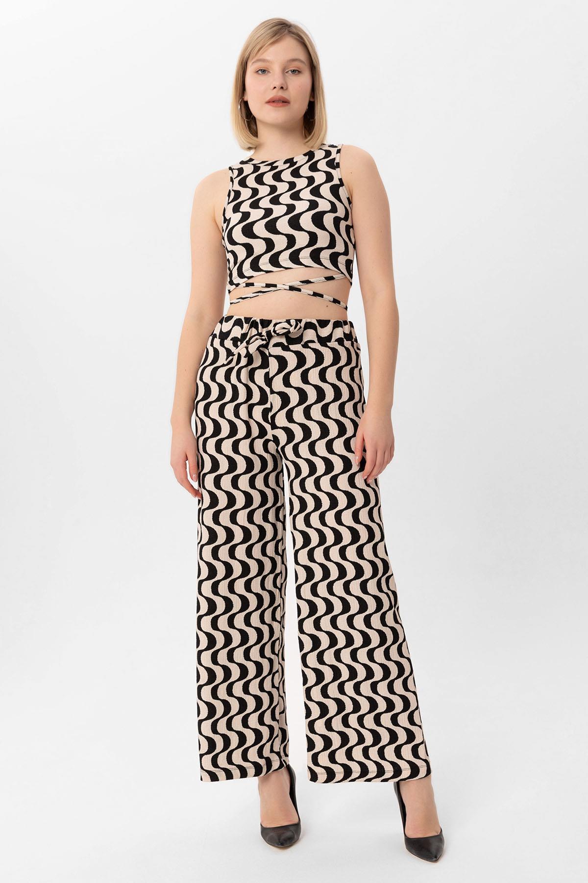 Kadın Kurdele Desen Crop Pantolon İkili Takım