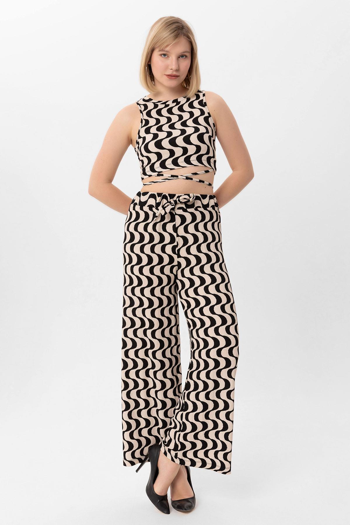 Kadın Kurdele Desen Crop Pantolon İkili Takım