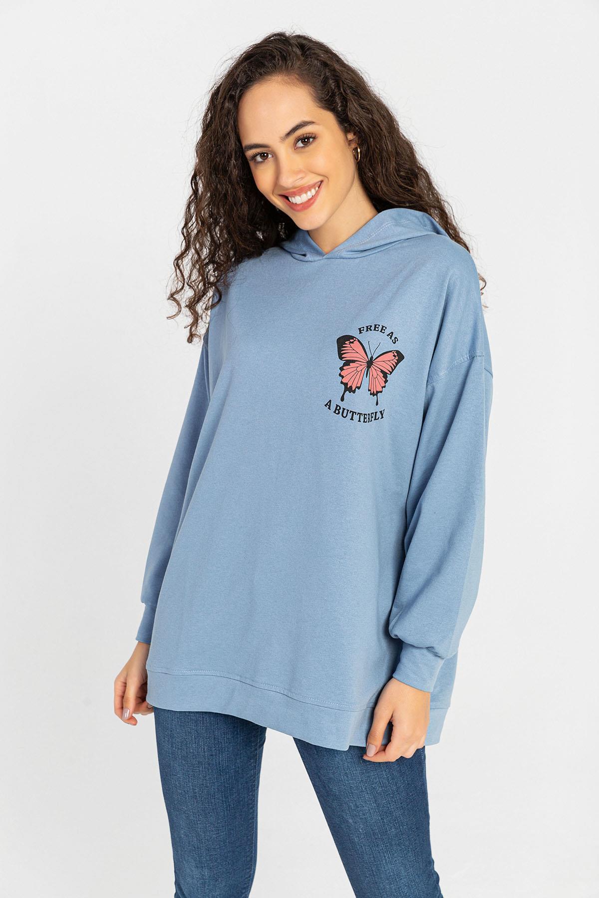Kadın Ön Sırt Baskılı Kapüşonlu Oversize Sweatshirt