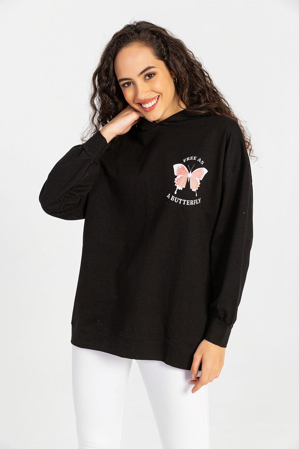 Kadın Ön Sırt Baskılı Kapüşonlu Oversize Sweatshirt