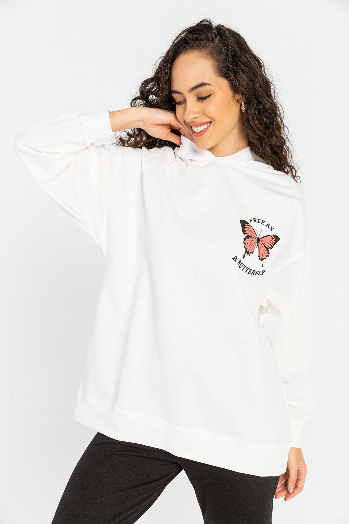 Kadın Ön Sırt Baskılı Kapüşonlu Oversize Sweatshirt