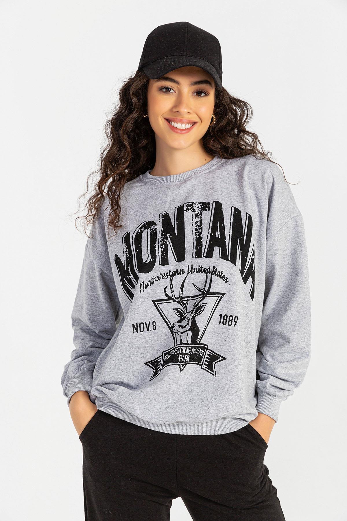 Kadın Önü Baskı Detaylı Bisiklet Yaka Sweatshirt