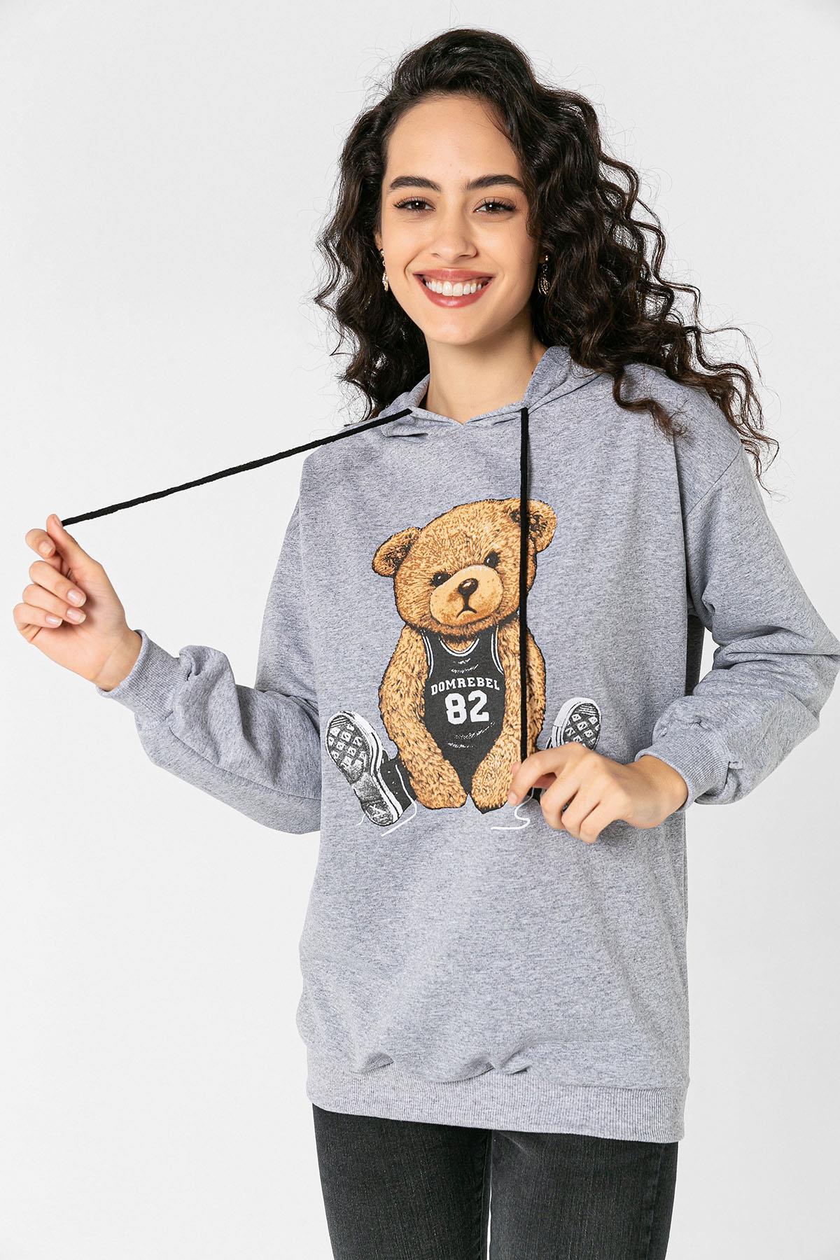 Kadın Önü Baskı Detaylı Kapüşonlu Sweatshirt