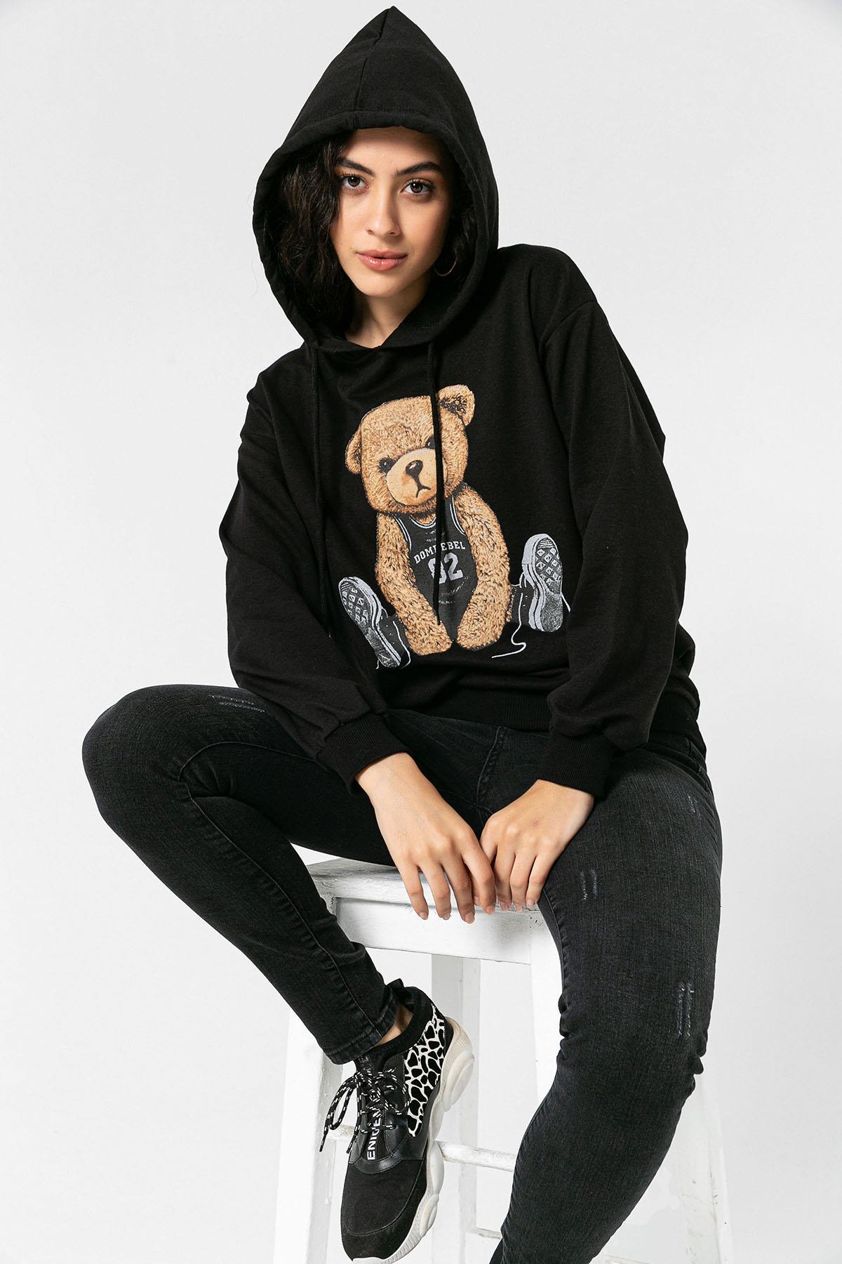 Kadın Önü Baskı Detaylı Kapüşonlu Sweatshirt