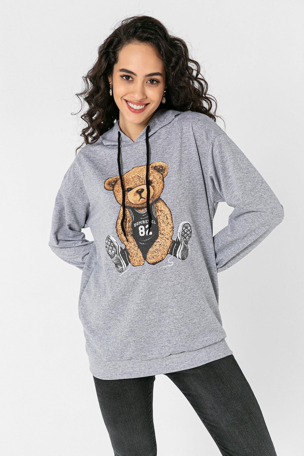 Kadın Önü Baskı Detaylı Kapüşonlu Sweatshirt