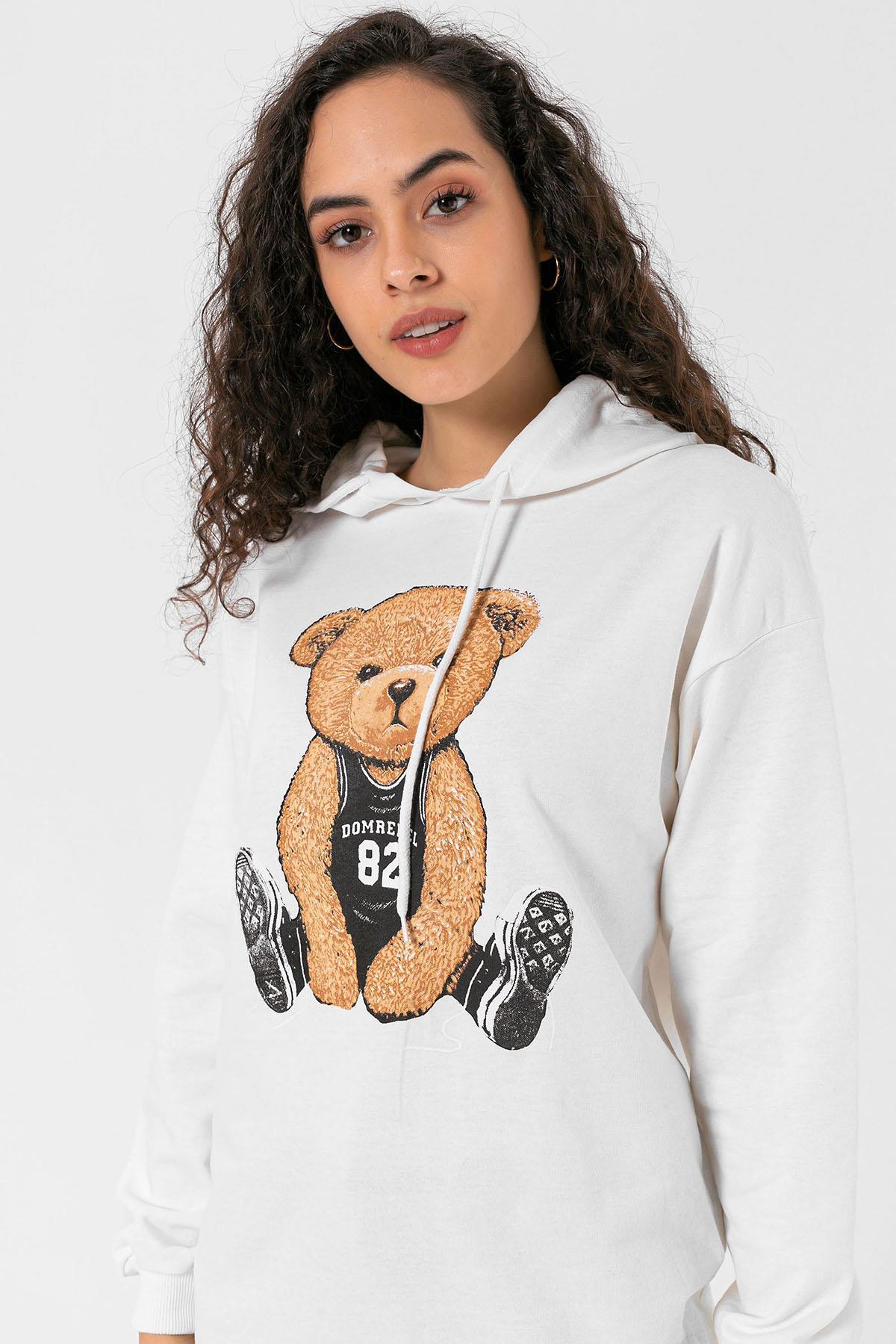 Kadın Önü Baskı Detaylı Kapüşonlu Sweatshirt