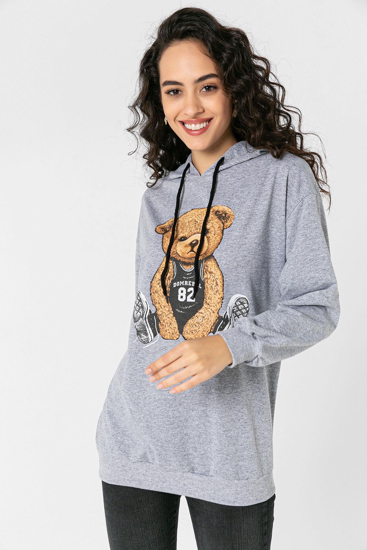 Kadın Önü Baskı Detaylı Kapüşonlu Sweatshirt