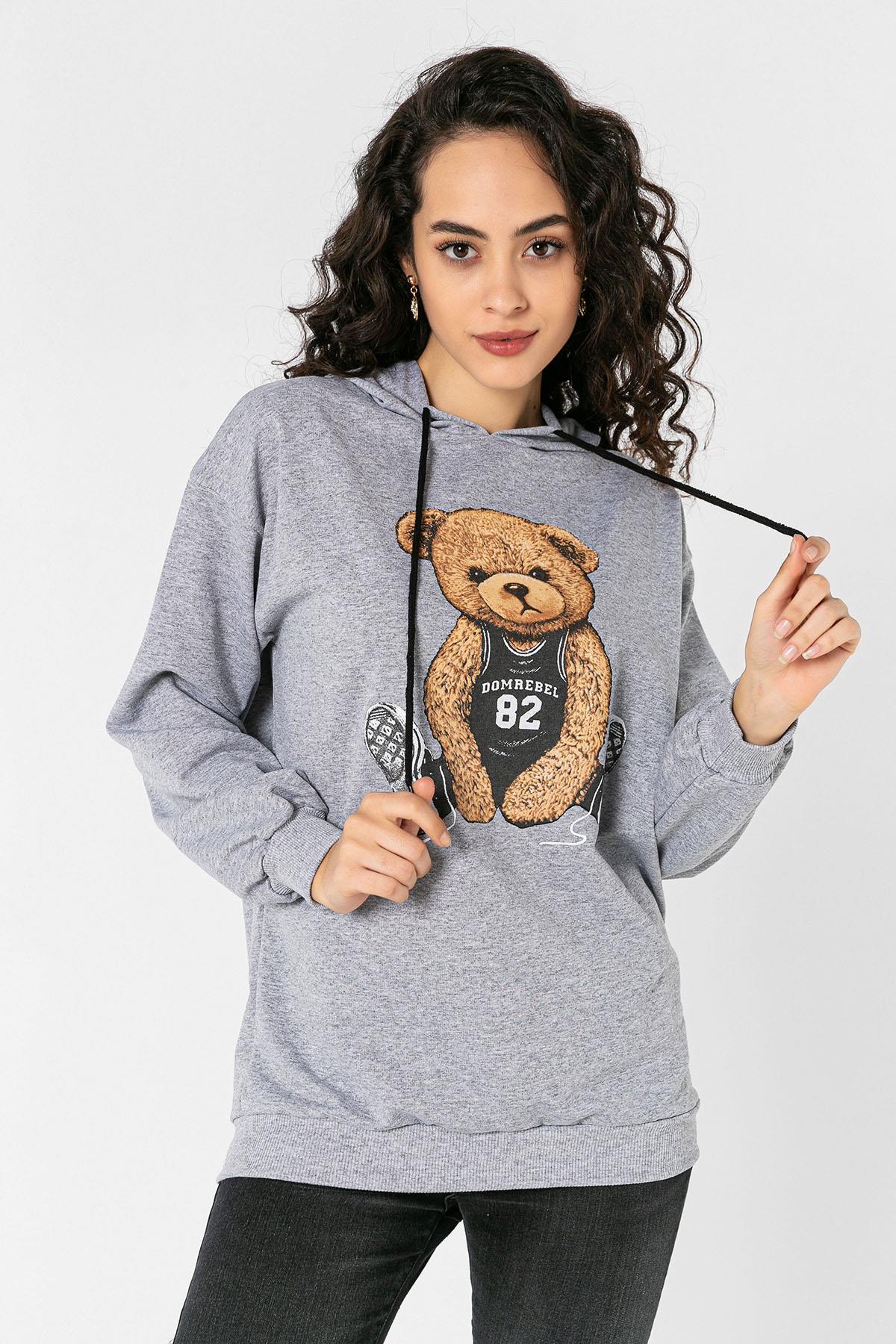Kadın Önü Baskı Detaylı Kapüşonlu Sweatshirt